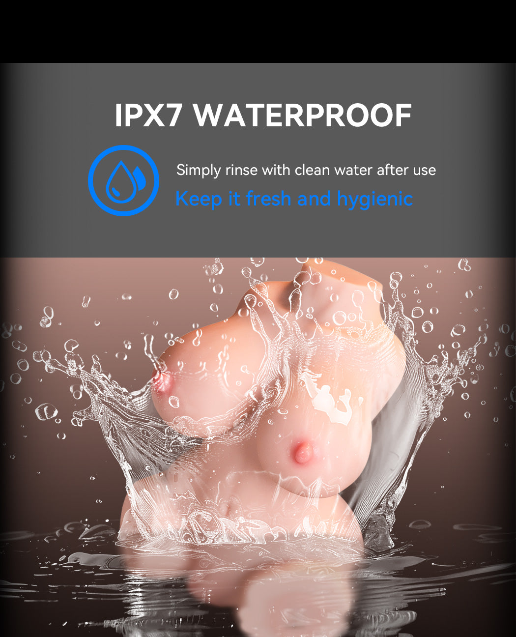 Hitilove Merritt flesh-tone TPR waterproof vibrating doll shown in a bathroom setting with water droplets, highlighting easy cleaning and full-body waterproof design.