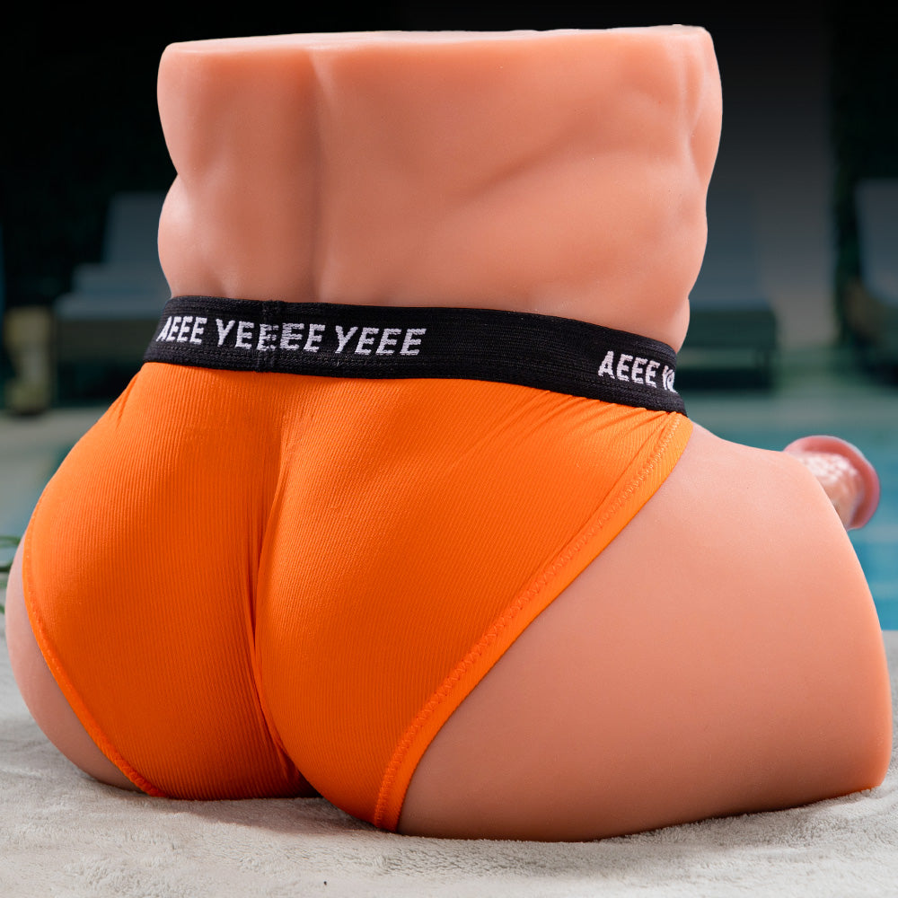 realistic silicone male doll showing detailed glutes and lower back