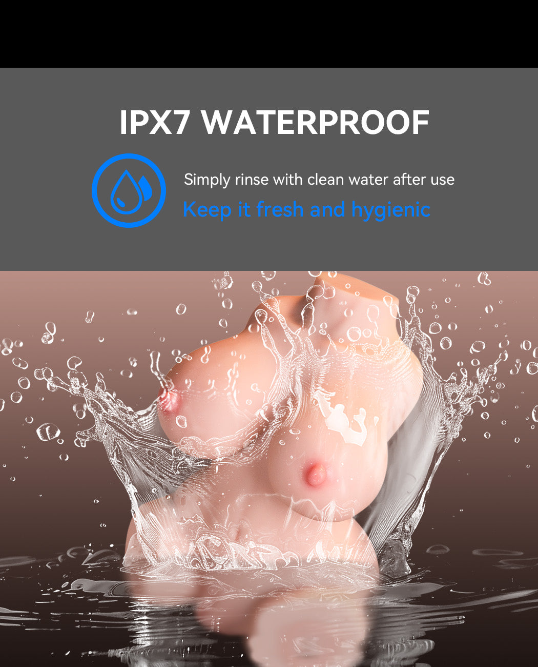 Hitilove Merritt flesh-tone TPR waterproof vibrating doll shown in a bathroom setting with water droplets, highlighting easy cleaning and full-body waterproof design.